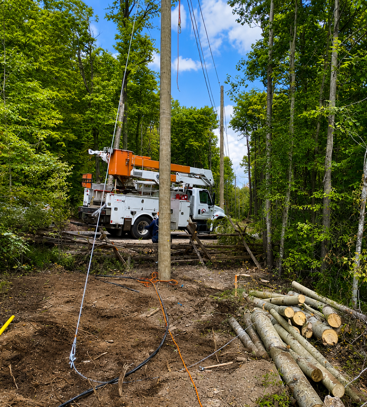 Utility truck with boom lift on a forest work site, near stacked cut logs and a dirt path.