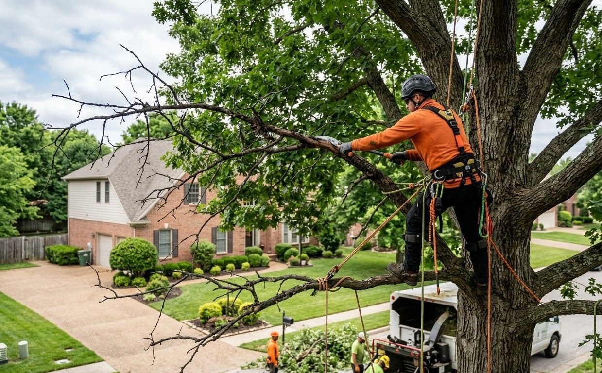 Two workers cutting large logs outdoors with a chainsaw and saw, surrounded by wood debris.