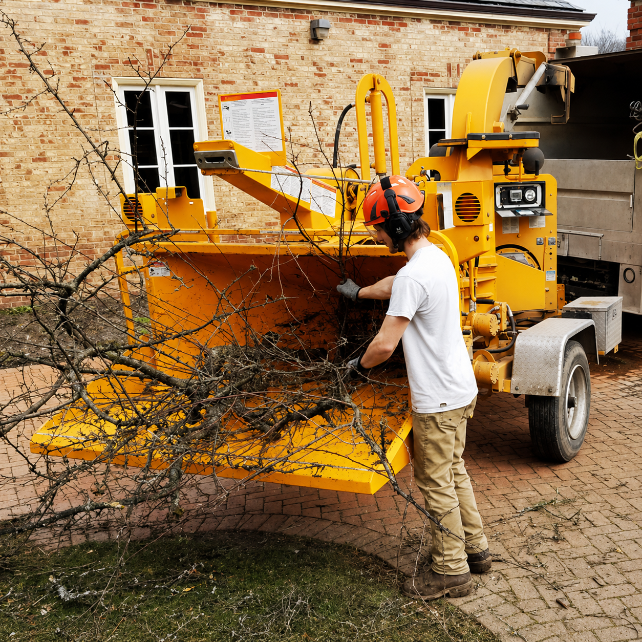 Worker feeding branches into a yellow wood chipper beside a brick building