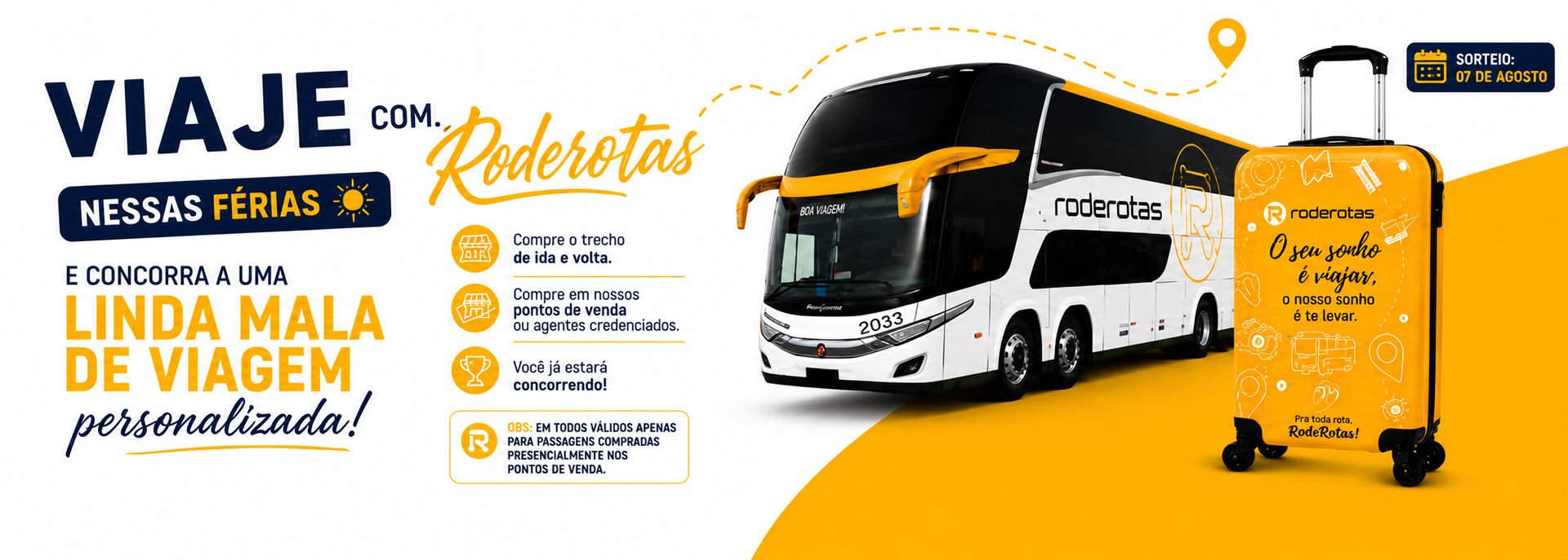Banner promocional de viagens com um ônibus branco, uma mala amarela