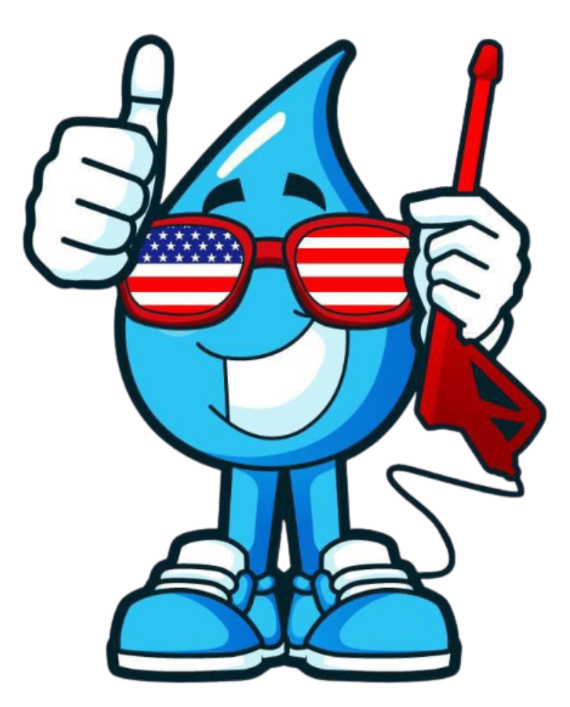 Blue droplet mascot wearing USA flag sunglasses, giving thumbs up and holding a red flag.
