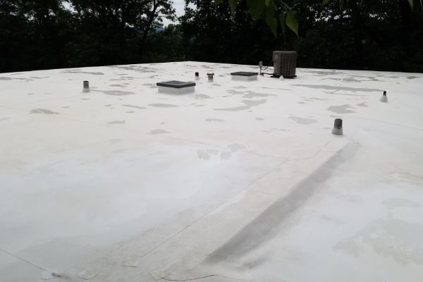 White flat rooftop with several vents and pipes under a tree-lined sky