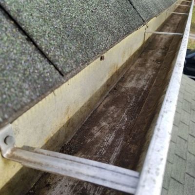 Dirty gutter along a shingled roof, showing debris and weather staining