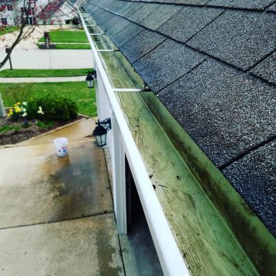 House roof gutter with green moss buildup above a driveway and sidewalk