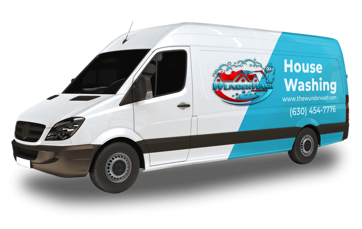 White and blue house washing van with company logo and contact text on the side.
