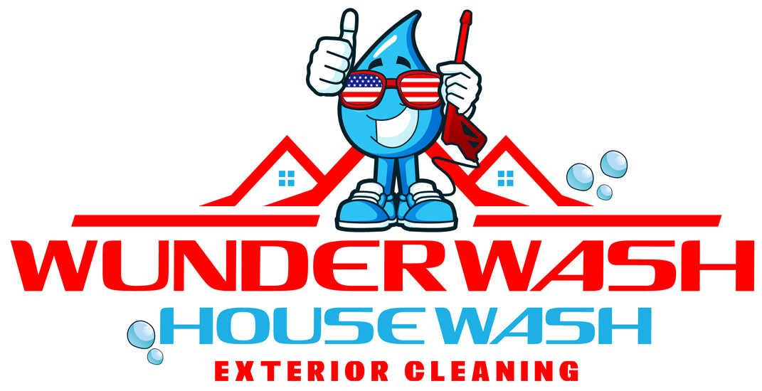 Logo for WonderWash House Wash Exterior Cleaning with a blue cartoon mascot giving thumbs up.