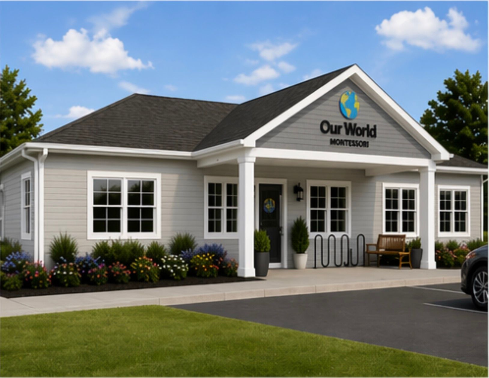 Our World Montessori school building with white siding, gray roof, and front entrance sign