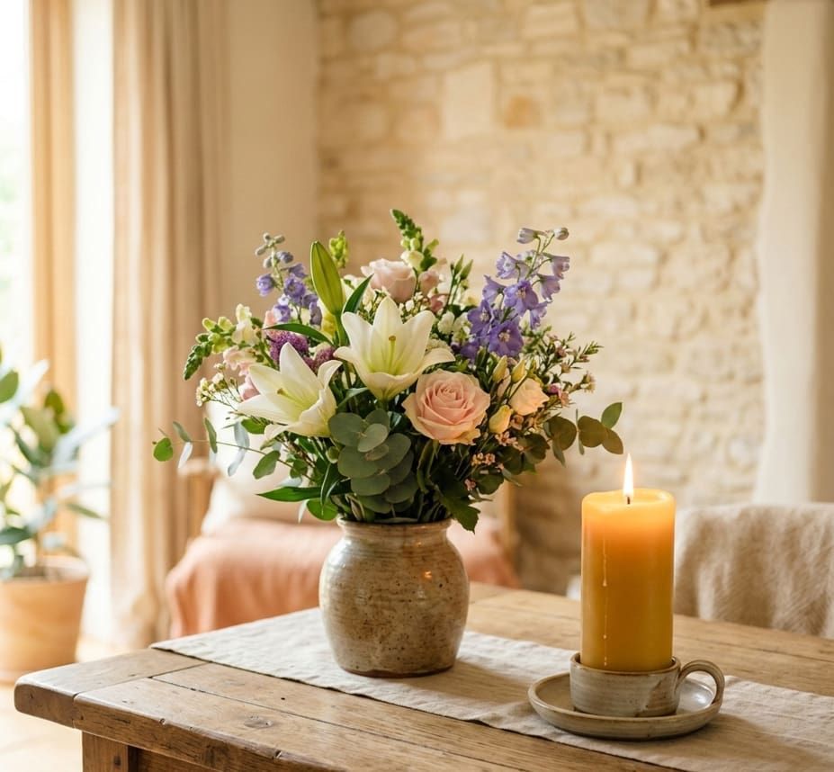 Beautiful floral arrangement and candle at the Indianapolis, IN funeral home and cremations
