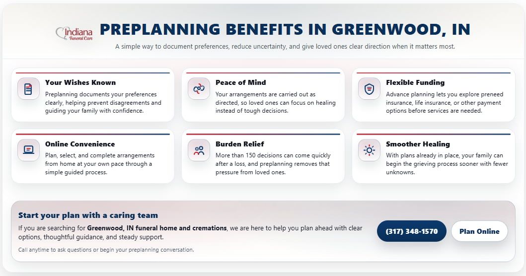 Infographic explaining advanced planning benefits for families in the Greenwood, IN funeral home and cremations
