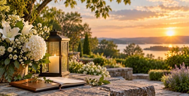 Cremation services Franklin, IN represented by a peaceful garden setting with white flowers, soft ca