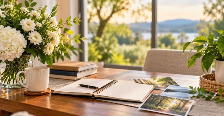 Cremation services Greenwood, IN planning scene with an open notebook, flowers, and peaceful surroun