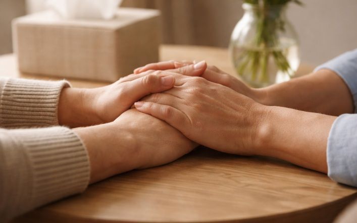 Two people gently holding hands across a small table in a softly lit room, with a tissue box and white flowers in the background in funeral homes in Franklin, IN