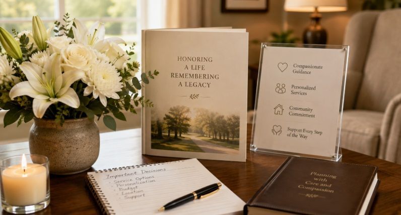 Funeral home planning materials and white flowers in Whiteland, IN.