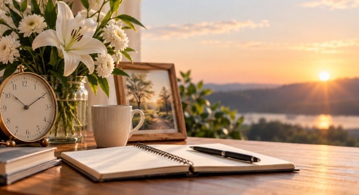 Funeral homes Franklin, IN planning scene with a journal, clock, flowers, and peaceful sunset