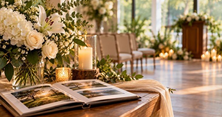 Funeral homes Greenwood, IN setting with personalized photographs, floral arrangements, and candleli
