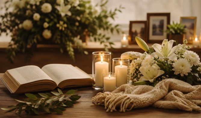 Funeral homes Greenwood, IN with peaceful memorial flowers and candles