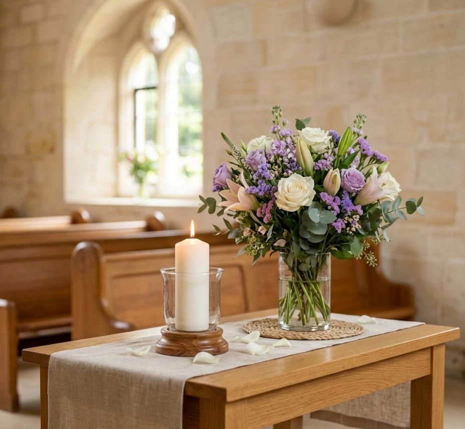 Memorial table with a bouquet and a candle in the chapel for Greenwood, IN funeral home and cremations