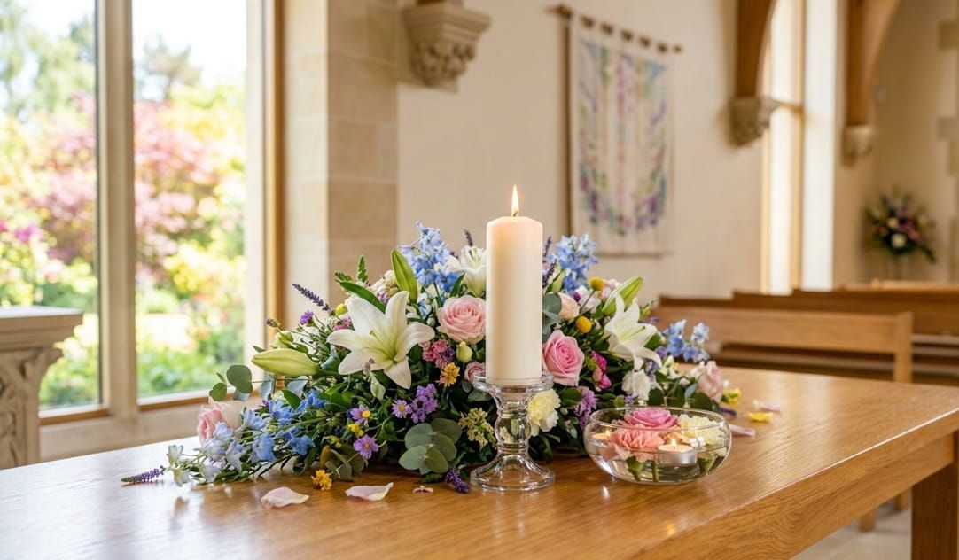 Peaceful chapel altar with floral arrangement and candle for Greenwood, IN funeral home and cremations
