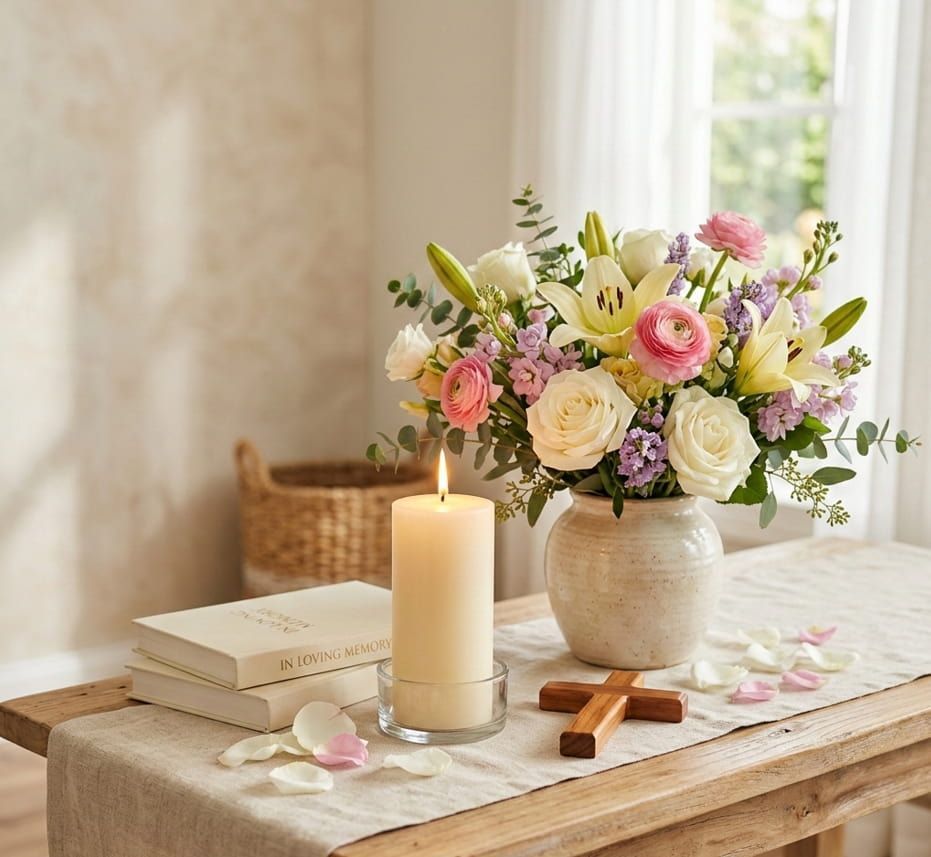 Peaceful memorial setup with flowers and a candle for Anderson, IN funeral home and cremations