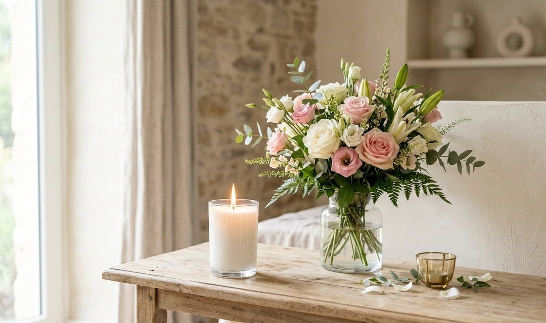 Serene funeral setting with flowers and candle display at Anderson, IN funeral home and cremations