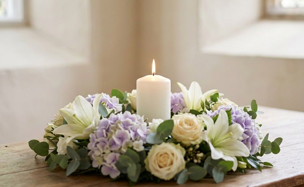 Serene memorial candle and floral wreath at Indianapolis, IN funeral home and cremations