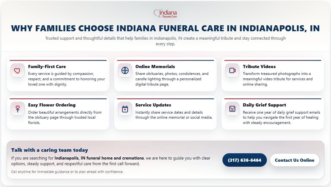 Infographic outlining compassionate care benefits in Indianapolis, IN funeral home and cremations