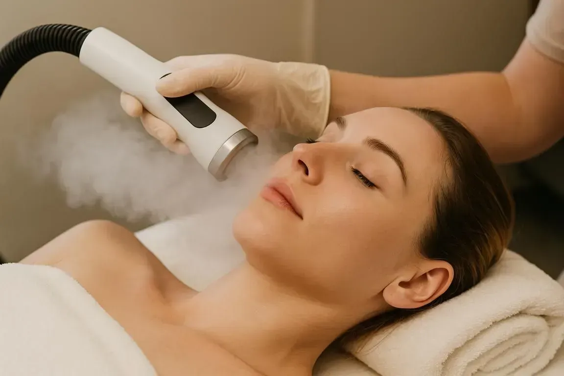 Woman receiving a facial treatment with a handheld device and steam on a spa bed