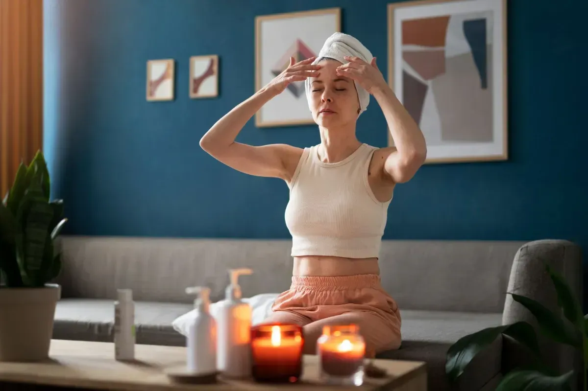 Person sitting on a couch applying a towel to their head, with candles and bottles on a coffee table in a blue living room.