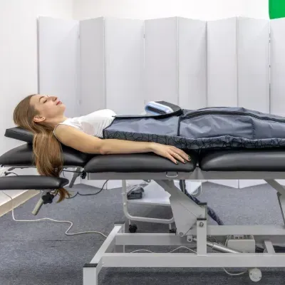 Person lying on a therapy table during a medical or physical therapy session, with straps on the torso.