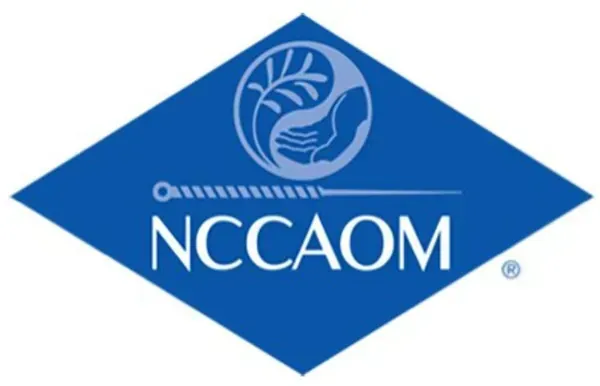 Blue diamond NCCAOM logo with a circular white leaf-and-hand emblem and the text “NCCAOM”