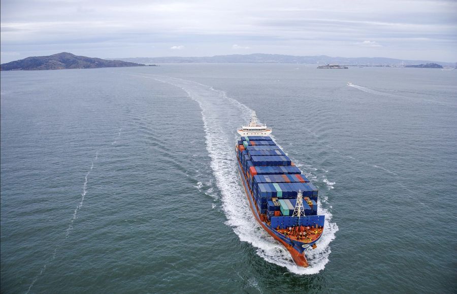 Container ship under way on open water