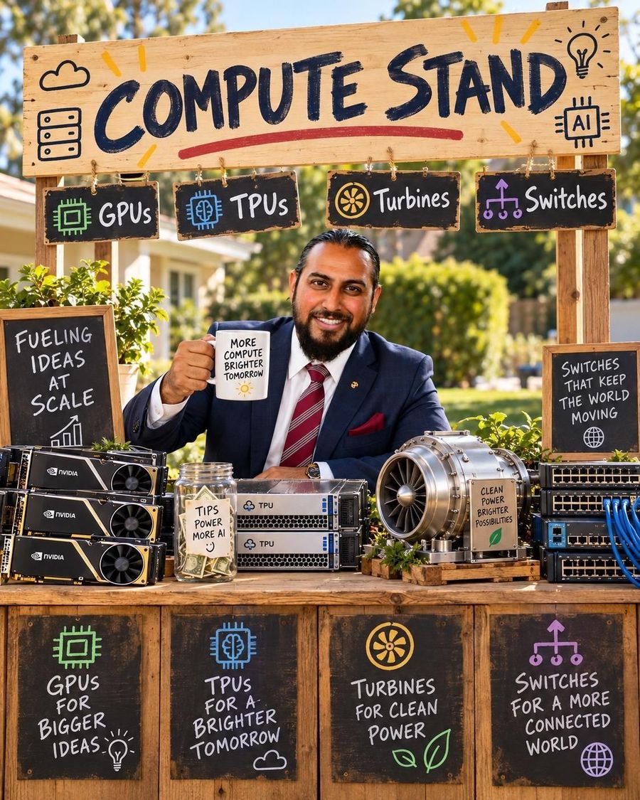 Compute stand with GPUs, TPUs, turbines and switches