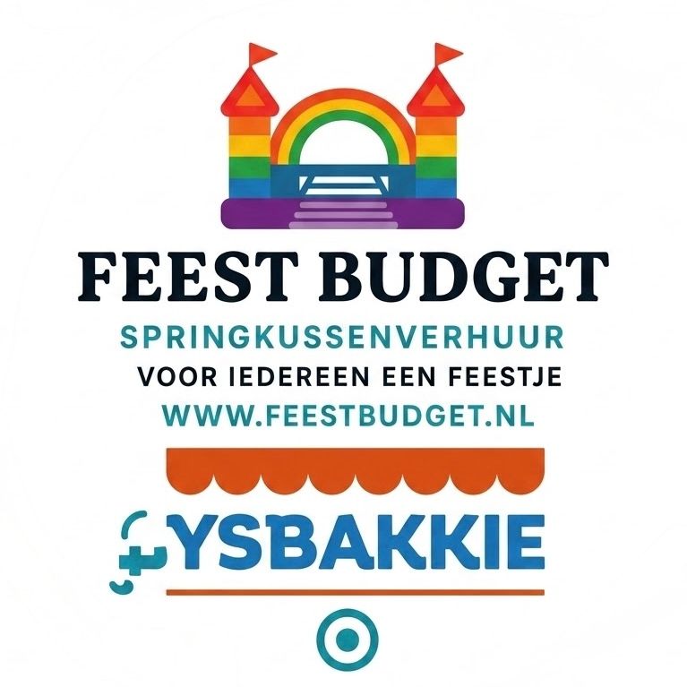 Feest Budget-logo met regenboogkasteel en tekst voor voorjaarsvakantieverhuur en feestbudget.nl; YSBakkie-logo hieronder