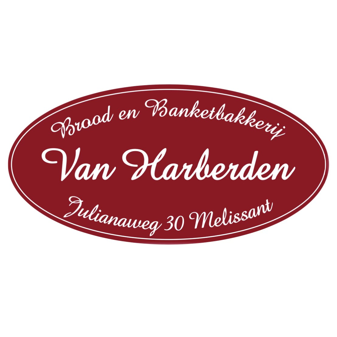 Red oval bakery logo reading “Brood en Banketbakkerij Van Harberden, Julianawweg 30 Melissant”
