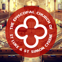 Red circle logo over church interior: white cross symbol, text 