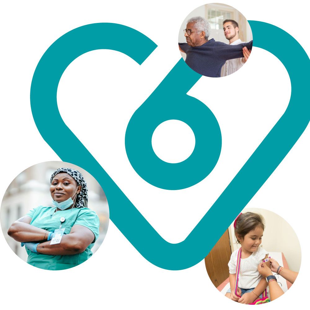Teal heart-shaped healthcare logo with three small circular photos of people around it