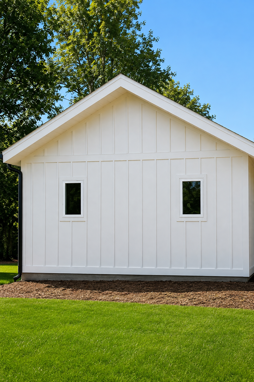 White small barn-style shed with two windows on a grassy lawn under a blue sky