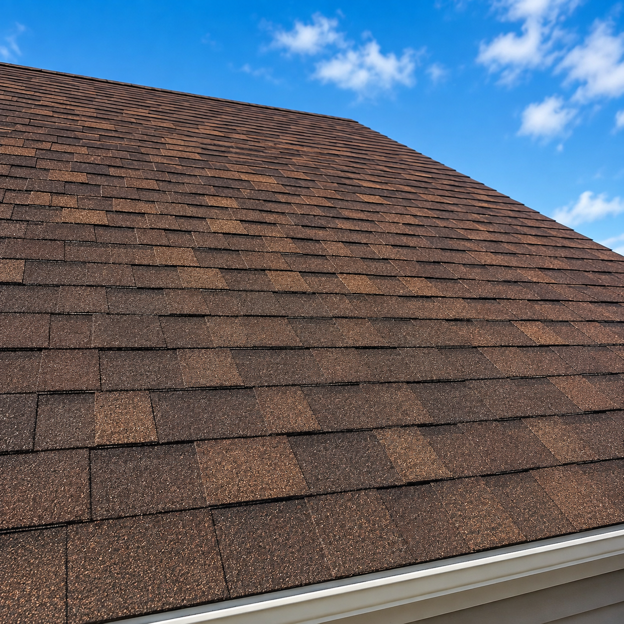 Brown shingle roof under a blue sky, with white guttering at the edge