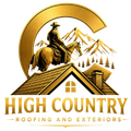 High Country Roofing and Exteriors logo with cowboy on horse, mountain peaks, and a house roof in gold and brown
