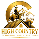 High Country Roofing and Exteriors logo with cowboy on horse, mountain peaks, and a house roof in gold and brown