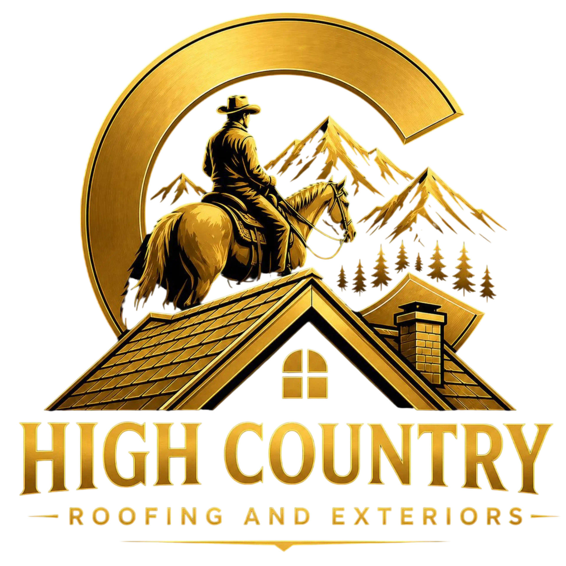 High Country Roofing and Exteriors logo with cowboy on horse, mountain peaks, and a house roof in gold and brown
