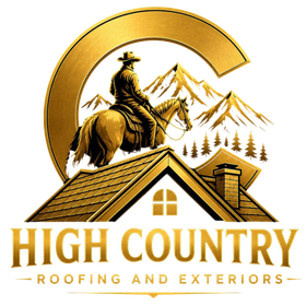 High Country Roofing and Exteriors logo with cowboy on horse, mountain peaks, and a house roof in gold and brown