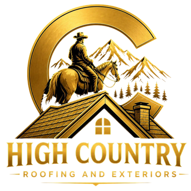 High Country Roofing and Exteriors logo with cowboy on horse, mountain peaks, and a house roof in gold and brown