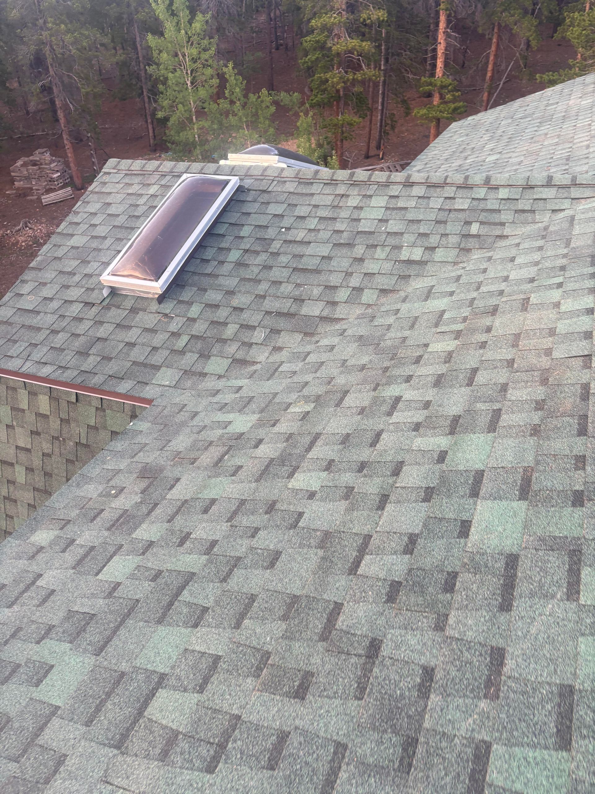 Roof with gray shingles and a skylight, surrounded by trees.