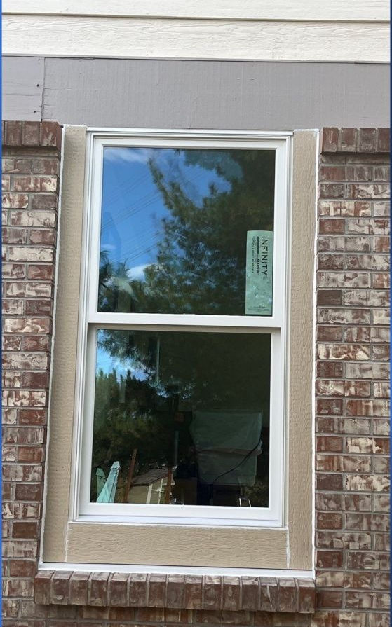 Single white-framed window in a brick wall, reflecting trees and sky.
