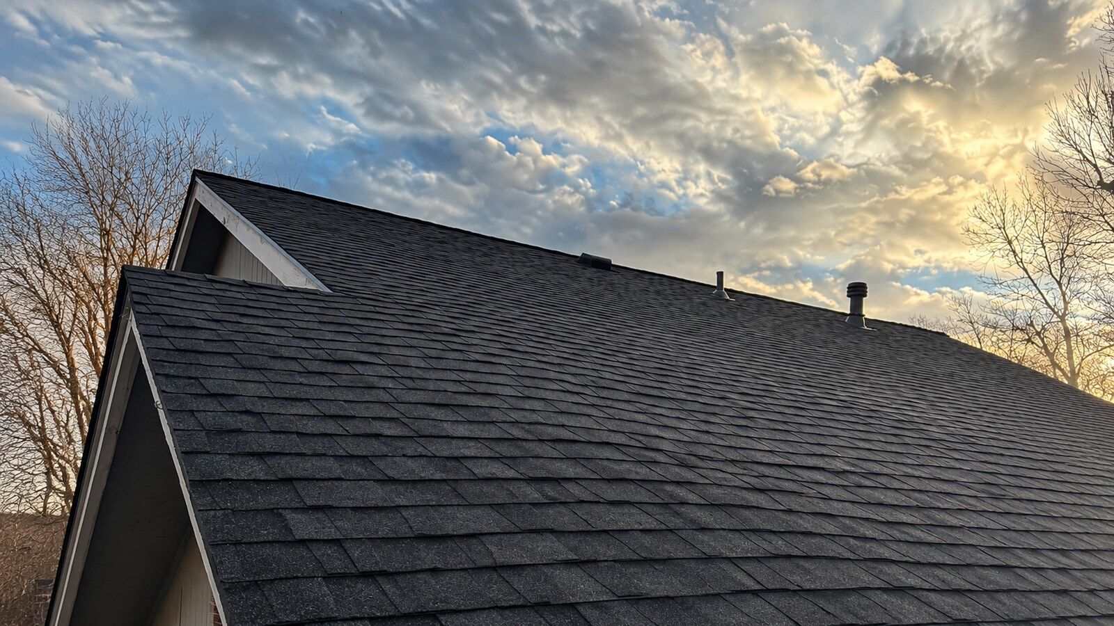 Rooftop view of brown shingle roof with vents and skylights near parked cars on a street