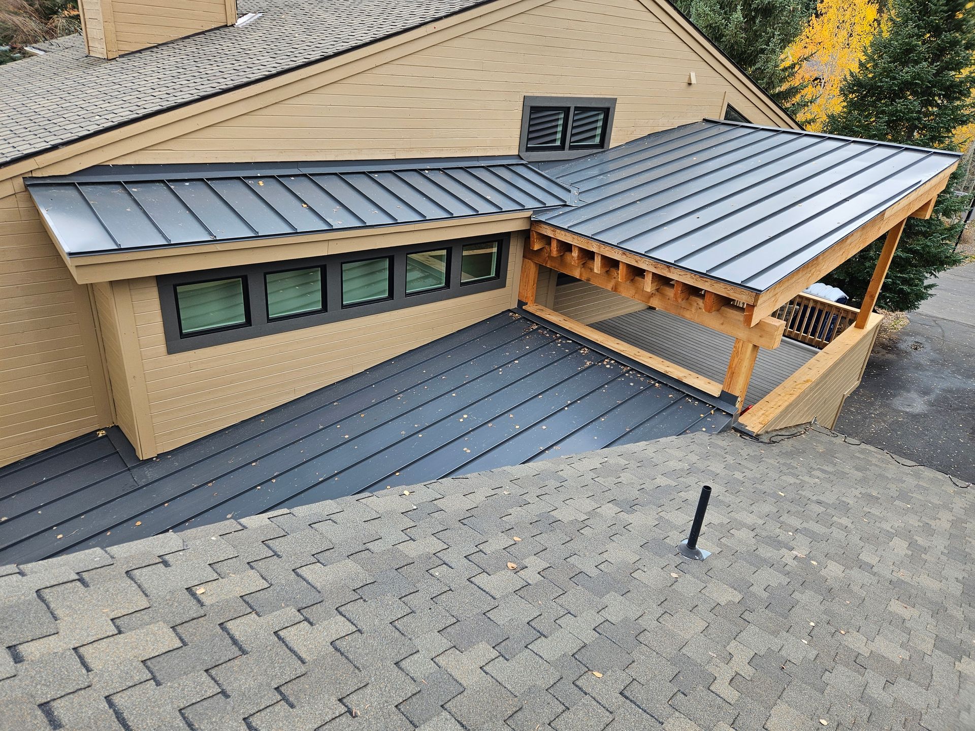 Aerial view of a wooden deck showing layout and design.