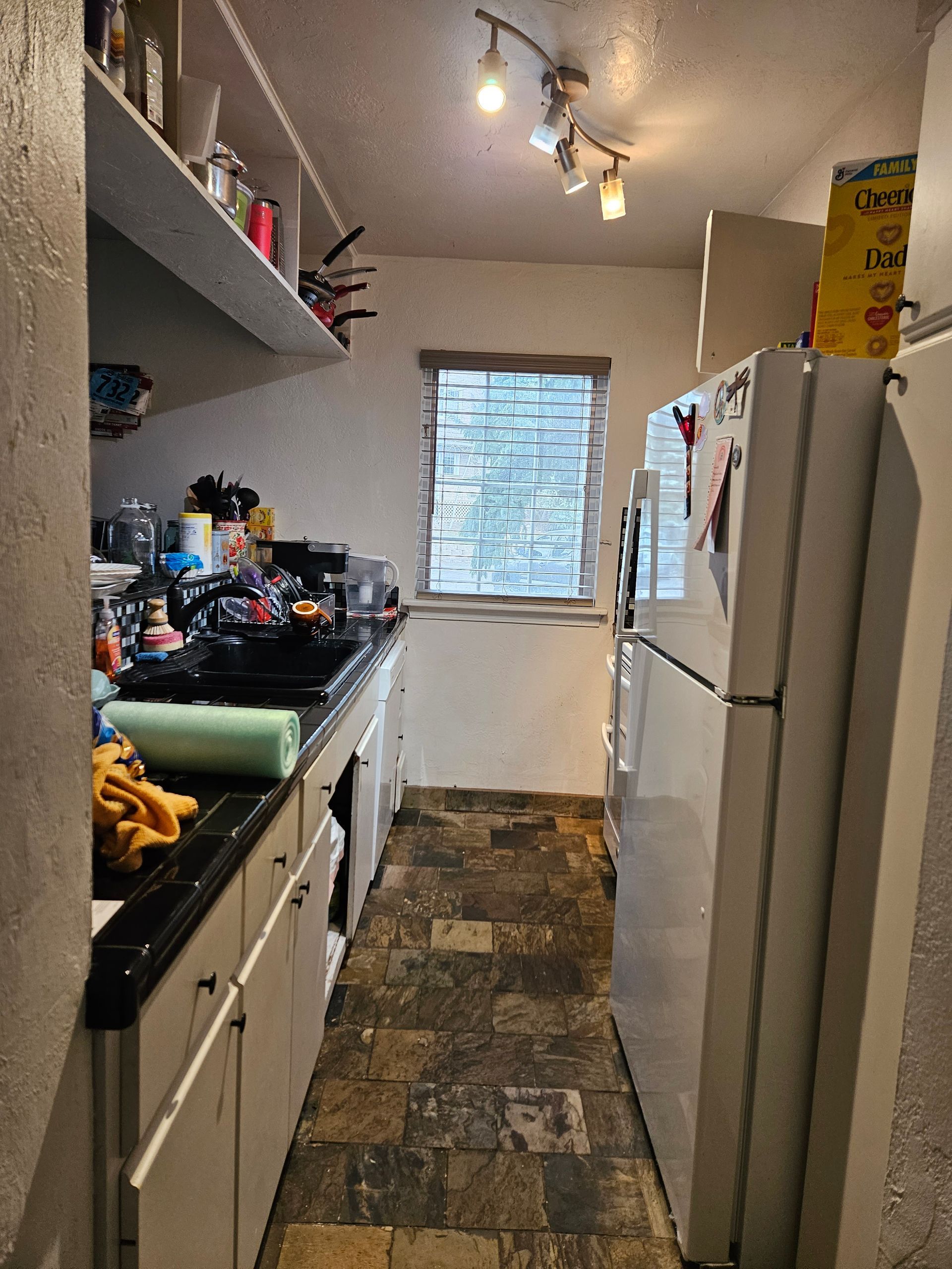 Small outdated kitchen with narrow layout, cluttered counters, and basic lighting.