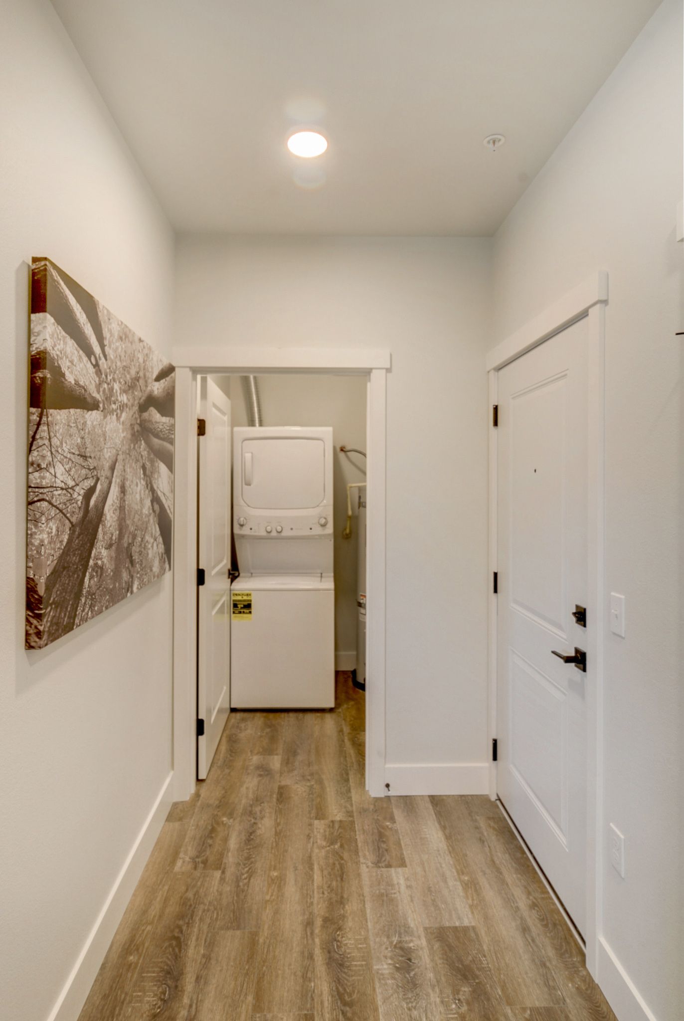 a hallway with a washer and dryer in a house .