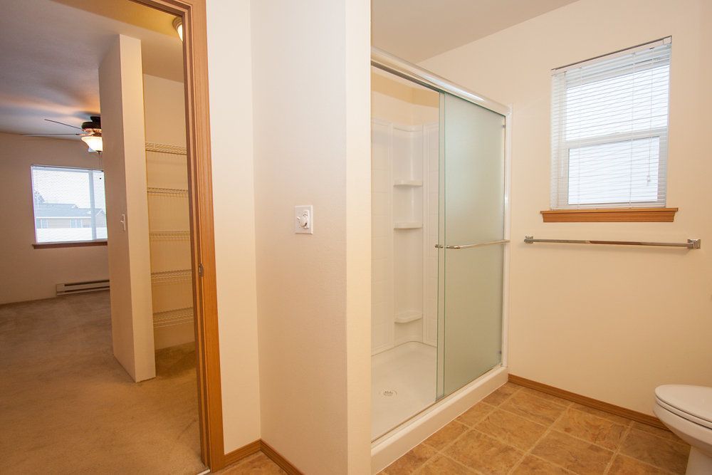 a bathroom with a walk in shower and a toilet